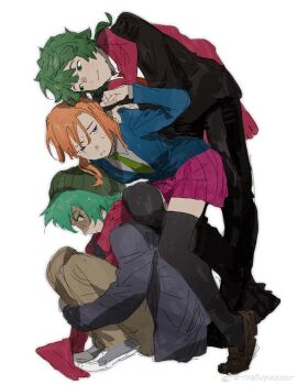 Rule 34 | 1girl, 2boys, :i, absurdres, aqua eyes, aqua hair, beanie, bent over, black jacket, black pants, black thighhighs, blazer, blue jacket, boy sandwich, brown pants, brown shoes, chidouin sara, chinese commentary, clenched hand, closed mouth, collared shirt, commentary request, double-parted bangs, formal clothes, from side, full body, green eyes, green hair, green hat, green necktie, grey shoes, hand on another's shoulder, hat, highres, hiyori sou, hugging own legs, jacket, kimi ga shine, loafers, looking at another, ma fu, midori (kimi ga shine), miniskirt, multiple boys, necktie, on floor, orange hair, pants, parted bangs, parted lips, pink skirt, purple eyes, rattail, red necktie, red scarf, sandwiched, scarf, school uniform, shirt, shoes, short hair, side ponytail, simple background, single sidelock, sitting, skirt, smile, sonobeno high school uniform, standing, suit, sweat, sweatdrop, thighhighs, turn pale, watermark, weibo watermark, white background, white shirt, wing collar, zettai ryouiki