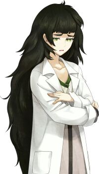 1girl blunt_bangs brown_jacket collar collarbone crossed_arms fingernails flat_chest game_cg green_collar green_eyes green_hair green_trim hiyajou_maho huke jacket jacket_over_dress lab_coat large_variant_set long_hair looking_at_viewer messy_hair non-web_source official_art open_mouth sad science_adventure solo sprite steins;gate steins;gate_0 tearing_up transparent_background variant_set very_long_hair