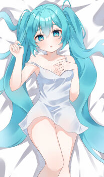 1girl :o absurdres aqua_eyes aqua_hair bare_arms bed_sheet breasts cleavage collarbone commentary double-parted_hair dress feet_out_of_frame hair_between_eyes hand_on_own_chest hand_up hatsune_miku highres light_blush long_hair looking_at_viewer lying medium_breasts mokoinu_(pixiv_27216243) on_back parted_lips short_dress solo strap_slip twintails very_long_hair vocaloid white_dress
