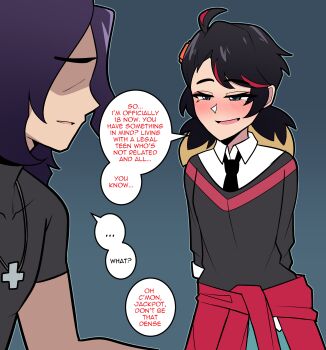 1boy 1girl absurdres black_hair black_necktie black_sweater blonde_hair blue_eyes bluebutter blush breasts clothes_around_waist commentary english_commentary english_text faceless faceless_male handler_mj_(bluebutter) highres low_twintails marvel marvel_rivals multicolored_hair naughty_face necktie peni_parker purple_hair red_hair shaded_face small_breasts streaked_hair sweater sweater_around_waist twintails