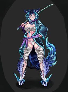 Rule 34 | 1girl, animal ear fluff, animal ears, bandaged breasts, bandaged chest, bandages, bandaid, bandaid on face, bandaid on nose, black background, blue eyes, blue fur, blue hair, blush, body markings, breasts, chest tattoo, grey background, japanese clothes, katana, kimono, large breasts, leg fur, lightning bolt symbol, lightning bolt tattoo, looking at viewer, monster girl, monster girl encyclopedia, monster girl encyclopedia ii, multicolored hair, open clothes, open kimono, purple fur, purple hair, raiju (monster girl encyclopedia), shadow, simple background, smile, streaked hair, sword, tail, tattoo, two-tone background, two-tone hair, udetamago, weapon, white fur