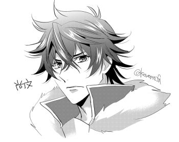 1boy artist_name ben-day_dots closed_mouth collared_shirt commentary_request frown fur-trimmed_hood fur_trim greyscale hair_between_eyes high_collar hood iwatani_naofumi koromo_(kinu) looking_at_viewer male_focus messy_hair monochrome portrait screentones shirt short_hair sidelocks simple_background solo tate_no_yuusha_no_nariagari translation_request