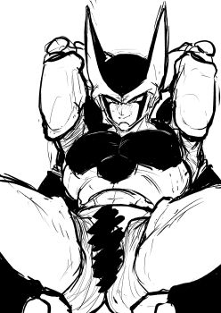 1boy 1cuntboy arms_behind_head arms_up ass blush cell_(dragon_ball) censored closed_mouth cuntboy cuntboy_only dragon_ball dragonball_z facing_viewer greyscale half-closed_eyes highres legs_apart looking_at_viewer male_focus monochrome obata2nd perfect_cell simple_background smile smug solo spots spread_legs sweat white_background wings