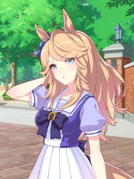 1girl absurdres animal_ears arm_behind_head artist_request back_bow bare_arms blonde_hair blue_bow blue_bowtie blue_eyes blue_shirt bow bowtie breasts brick_road brooch bush collarbone cowboy_shot day dot_nose ear_bow eyelashes eyes_visible_through_hair game_cg gate gold_city_(umamusume) high-waist_skirt highres horse_ears horse_girl horse_tail horseshoe jewelry lamppost large_breasts light_blush light_frown long_hair looking_at_viewer loose_hair_strand messy_hair official_art outdoors parted_lips path pleated_skirt puffy_short_sleeves puffy_sleeves road sailor_collar school_uniform shade shirt short_sleeves sidelocks skirt solo standing swept_bangs tail tracen_school_uniform tree tsurime two-tone_shirt umamusume white_sailor_collar white_shirt white_skirt