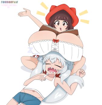 2girls animal_ears book breasts brown_eyes brown_hair grey_hair huge_breasts kemonomimi_mode little_red_riding_hood_(fairy_tale) little_red_riding_hood_(fairy_tale_character) loli multiple_girls open_book open_mouth oppai_loli pointy_ears saliva saliva_trail sitting sleeping tail touhoufan wolf_ears wolf_girl wolf_tail