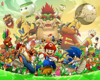 6+boys 6+girls 6+others ?_block aku_aku beard blonde_hair blue_eyes bowser brick_block bubbles_(sonic) buzzer_(sonic) castle chain_chomp claws coco_bandicoot crash_bandicoot crash_bandicoot_(series) crossover crown death_egg dingodile dr._eggman epic evil_grin evil_smile facial_hair gloves goomba grass grin hat horns kamek knuckles_the_echidna koopa_clown_car koopa_paratroopa koopa_troopa lakitu looking_at_viewer luigi mario mario_(series) moto_bug multiple_boys multiple_girls multiple_others musical_note_block mustache n.gin neo_cortex nintendo papu_papu paragoomba piranha_plant polar_(crash_bandicoot) princess_peach pura_(crash_bandicoot) red_hair ripper_roo running sega shy_guy smile sonic_(series) sonic_the_hedgehog sonic_the_hedgehog_(classic) sonic_the_hedgehog_2 sonic_the_hedgehog_3 spiny spiny_egg sunglasses super_mario_bros._1 super_mario_bros._2 super_mario_bros._3 super_mario_world tails_(sonic) tiny_tiger toad_(mario) uka_uka yoshi