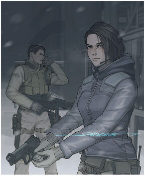 1boy 1girl artist_name assault_rifle beretta_92 bulletproof_vest chris_redfield gloves gun h&amp;k_mp5 handgun headset holding holding_gun holding_weapon jacket jill_valentine pants resident_evil rifle sardine_(kjr0313) signature snowing submachine_gun weapon