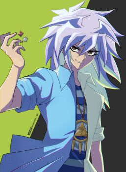 1boy brown_eyes commentary_request dice evil_grin evil_smile grey_hair grin hair_between_eyes highres jewelry looking_at_viewer male_focus millennium_ring necklace open_clothes open_shirt raijin-bh shirt smile solo striped_clothes striped_shirt two-tone_background yami_bakura yu-gi-oh! yu-gi-oh!_duel_monsters