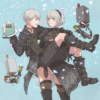 1boy 1girl 2b_(nier:automata) 9s_(nier:automata) black_boots black_choker black_dress black_gloves black_hairband black_jacket black_shorts black_thighhighs blue_background blue_eyes blush boots breasts cake carrying choker cleavage_cutout clothing_cutout commentary_request confetti dress feet_out_of_frame food gloves grey_hair hairband heart highres holding holding_plate jacket kaya_(magnolia) leotard leotard_under_clothes lipgloss looking_at_another medium_breasts mole mole_under_mouth nier:automata nier_(series) open_mouth party_popper pink_lips plate pod_(nier:automata) princess_carry short_hair shorts thigh_boots thighhighs thighhighs_under_boots turtleneck turtleneck_dress white_leotard