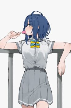 1girl animated animated_gif blue_bow blue_eyes blue_hair bow collared_shirt cowboy_shot fellatio food food_in_mouth grey_skirt highres holding holding_food holding_popsicle lonklink looking_at_viewer make_heroine_ga_oo_sugiru! oral pleated_skirt popsicle popsicle_in_mouth shirt shirt_tucked_in short_hair short_sleeves simple_background simulated_fellatio skirt solo tongue tongue_out white_background white_shirt yanami_anna yellow_bow