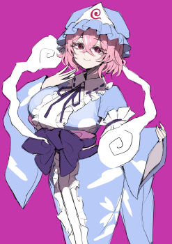 Rule 34 | 1girl, blue hat, blue kimono, breasts, closed mouth, commentary, frilled kimono, frills, hair between eyes, hat, highres, hitodama, japanese clothes, kimono, large breasts, looking at viewer, mob cap, pink background, pink eyes, pink hair, protectload, saigyouji yuyuko, sash, short hair, simple background, smile, solo, touhou, triangular headpiece