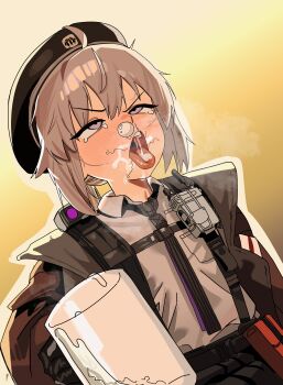 1girl absurdres ahegao ahoge black_hat black_necktie black_skirt blush brown_jacket chest_strap cheyanne_(girls'_frontline_2) closed_eyes commentary cum cum_in_container cum_in_cup cum_in_mouth cum_on_tongue cup english_commentary flat_chest girls'_frontline girls'_frontline_2:_exilium gokkun grey_hair hat highres holding holding_cup jacket m200_(girls'_frontline) medium_hair miniskirt mug necktie open_clothes open_jacket open_mouth pleated_skirt ponytail rolling_eyes ruppu shirt skirt snot solo stray_pubic_hair teeth tongue tongue_out upper_body walkie-talkie white_shirt