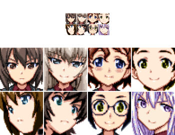 Rule 34 | 2ac5, 6+girls, akaboshi koume, aqua eyes, bad id, bad pixiv id, black-framed eyewear, black hair, blue eyes, blush stickers, brown eyes, brown hair, character request, check character, closed mouth, commentary request, expressionless, geshiko (girls und panzer), girls und panzer, glasses, green eyes, grey hair, hair between eyes, hida ema, inactive account, itsumi erika, katsuya megu, kojima emi, looking ahead, looking at viewer, medium hair, multiple girls, nishizumi maho, pixel art, purple eyes, round eyewear, short hair, smile, split mouth