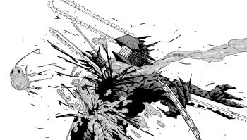 1boy blood blood_spray chainsaw chainsaw_devil chainsaw_man gitokuja greyscale heart_(organ) intestines male_focus monochrome pochita_(chainsaw_man) sharp_teeth solo teeth