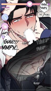 1boy 1futa abs assertive_female blouse blush bulge business_suit clothes_lift clothing_aside cum cum_in_clothes cum_in_mouth futanari ejaculating_while_penetrated ejaculation erection erection_under_clothes fellatio female_hand femdom formal_clothes futa_with_male futanari groping hand_on_another's_head highres jinmi_(artist) legs_apart looking_at_viewer male_focus muscular muscular_male muscular_uke nipple_stimulation nipple_tweak nipples open_clothes open_shirt oral pectorals pov female_pov pov_hands salaryman sequential shirt shirt_lift suit toned toned_male toned_stomach user_interface x-ray