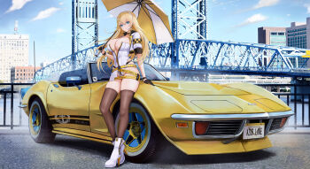 1girl absurdres alternate_costume armband azur_lane belt bird black_gloves blonde_hair blue_eyes blue_sky boots breasts bridge building car checkered_armband checkered_choker checkered_clothes chevrolet_corvette chevrolet_corvette_c3 city clothes_writing cloud collarbone commentary_request commission country_connection cropped_jacket day eagle_union_(emblem) flock florida_(location) full_body gloves hairband half_gloves headset high_heel_boots high_heels highres jacksonville john_t._alsop_jr._bridge kcar66t large_breasts leotard license_plate logo long_hair motor_vehicle multicolored_umbrella no_bra north_carolina_(azur_lane) on_car outdoors parted_lips partially_unzipped product_placement race_queen railing real_world_location river scenery short_sleeves skindentation sky solo sports_car standing thigh_strap thighhighs thighs umbrella united_states water white_boots white_hairband white_leotard white_umbrella yellow_belt yellow_car yellow_umbrella zipper zipper_pull_tab