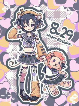 Rule 34 | animal ears, animal hat, antenna hair, belt, black hair, black ribbon, cropped shirt, detached sleeves, fishnet thighhighs, fishnets, happy birthday, hat, highres, idolmaster, idolmaster million live!, idolmaster million live! theater days, kikuchi makoto, light blush, looking at viewer, multiple belts, nail polish, parted bangs, pleated skirt, purple eyes, renatan, ribbon, sailor collar, sailor shirt, shirt, skirt, stuffed animal, stuffed lion, stuffed toy, thighhighs, tongue, tongue out