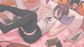 Rule 34 | 1girl, 900p, absurdres, bedroom, black choker, black hair, black ribbon, black shorts, black thighhighs, blush, book, breasts, candy, cellphone, chainsaw man, character doll, charm (object), choker, closed mouth, collared shirt, commentary, computer, denji (chainsaw man), doll, food, full body, green eyes, hair between eyes, highres, holding, holding book, holding candy, holding food, holding lollipop, huge filesize, laptop, legs up, lollipop, looking at viewer, lying, medium breasts, neck ribbon, on back, on bed, phone, pillow, pochita (chainsaw man), pocketbook, poster (object), reze (chainsaw man), ribbon, shirt, shirt tucked in, short hair, short shorts, shorts, sleeveless, sleeveless shirt, smartphone, smile, solo, stuffed toy, thighhighs, usb, white shirt, zettai ryouiki