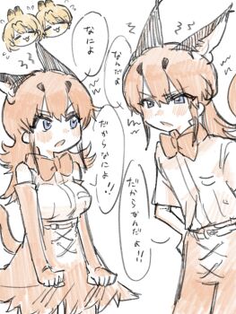 2boys 2girls animal_ears animal_print black_hair blonde_hair blue_eyes blush bow bowtie breasts caracal_(kemono_friends) dual_persona elbow_gloves extra_ears genderswap genderswap_(ftm) gloves highres kemono_friends large_breasts long_hair multicolored_hair multiple_boys multiple_girls open_mouth orange_bow orange_bowtie orange_hair orange_tail print_bow print_bowtie seki_mhsk serval_(kemono_friends) shirt short_hair simple_background skirt sleeveless smile tail traditional_bowtie translated