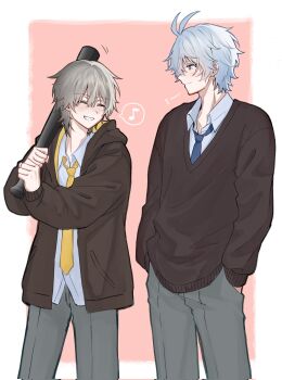 2boys alternate_costume antenna_hair baseball_bat blue_eyes blue_necktie blush border brown_jacket brown_sweater caelus_(honkai:_star_rail) capelet closed_eyes closed_mouth collared_shirt commentary_request cowboy_shot critical_micell grey_hair grey_pants hair_between_eyes hands_in_pockets hands_up highres holding holding_baseball_bat honkai:_star_rail honkai_(series) hood hooded_capelet jacket long_sleeves looking_at_another male_focus multiple_boys musical_note necktie open_clothes open_jacket outside_border pants phainon_(honkai:_star_rail) pink_background puffy_long_sleeves puffy_sleeves shirt short_hair simple_background smile speech_bubble spoken_musical_note standing sweater teeth trailblazer_(honkai:_star_rail) white_border white_shirt yellow_necktie