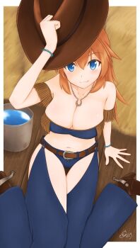 1girl :3 blue_eyes blush breasts charlotte_e._yeager cleavage closed_mouth cowboy_hat hat highres jewelry kukoroko large_breasts long_hair looking_at_viewer midriff navel necklace orange_hair smile solo strike_witches world_witches_series
