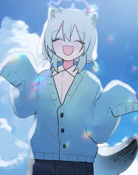 1girl alternate_costume animal_ears black_skirt blue_archive blue_cardigan cardigan closed_eyes cloud collared_shirt commentary cowboy_shot facing_viewer hair_between_eyes halo long_sleeves open_mouth outdoors pleated_skirt shigure_(blue_archive) shirt skirt sky sleeves_past_fingers sleeves_past_wrists smile solo symbol-only_commentary tail tamago_bororo twintails weasel_ears weasel_girl weasel_tail white_shirt