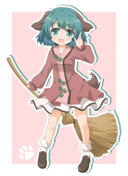 1girl :d animal_ears black_shoes blue_eyes blue_hair bobby_socks border broom brown_jacket commentary_request dog_ears dog_girl dog_tail drop_shadow fang full_body hand_up highres holding holding_broom jacket kasodani_kyouko loafers long_sleeves looking_at_viewer open_mouth outline pink_background pleated_skirt puffy_long_sleeves puffy_sleeves shino_megumi shoes skirt sleeves_past_wrists smile socks solo standing tail touhou white_border white_outline white_skirt white_socks