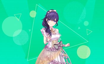 1girl asahina_mafuyu bow circle collar colorful_palette corset crinoline detached_collar dress frilled_dress frills game_cg green_background grey_bow hair_bow highres lace looking_at_viewer neck_ribbon official_art plaid_bow ponytail project_sekai purple_eyes ribbon secret_distance_(project_sekai) solo third-party_source triangle white_collar white_corset white_dress yellow_ribbon