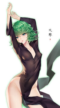 Rule 34 | 1girl, absurdres, arms up, aura, black dress, breasts, cleavage, collarbone, covered erect nipples, cowboy shot, da mao banlangen, dress, energy, floating clothes, green eyes, green hair, hair between eyes, highres, long dress, looking at viewer, nipples, one-punch man, open mouth, pelvic curtain, perky breasts, pussy, pussy juice, pussy peek, see-through clothes, side slit, small breasts, solo, tatsumaki, thighs, translation request, white background, wide hips