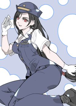 1girl absurdres black_hair black_shoes blue_hat blue_pants blue_vest breasts collared_shirt commentary earrings final_fantasy final_fantasy_vii final_fantasy_vii_remake gloves hair_between_eyes hat highres japan_airlines jewelry kaneda_(umeanzberry) long_hair looking_at_viewer low-tied_long_hair medium_breasts official_alternate_costume pants parted_lips red_eyes shirt shoes short_sleeves single_earring solo vest white_gloves white_shirt