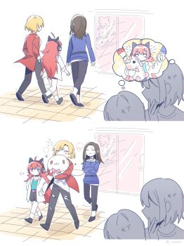 2others 3girls alternate_costume animal_ear_headphones animal_ears bang_dream! belt black_hair black_pants blonde_hair blue_eyes cat_ear_headphones cat_ears closed_eyes earphones fake_animal_ears hands_in_pockets happy headphones highres imagining jacket long_hair looking_at_another multiple_girls multiple_others outdoors pants red_hair red_jacket sato_masuki shoes shop short_hair size_difference stuffed_animal stuffed_toy tamade_chiyu umaa42 unicorn wakana_rei walking white_jacket