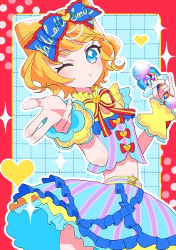 1girl blonde_hair blue_eyes blunt_bangs bow cone_hair_bun double_bun hair_bow hair_bun highres holding holding_microphone idol_clothes looking_at_viewer madori_(1ldkplanet) microphone midriff minami_mirei one_eye_closed pretty_series pripara short_hair solo