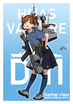 Rule 34 | 1boy, 2girls, ammunition pouch, animal, animal on shoulder, battle rifle, belt, bird, bird on shoulder, blue background, blue eyes, blue shirt, blue skirt, blue socks, border, breast pocket, brown belt, brown hair, commentary request, emblem, english text, fang, fn fal, full body, grey shoes, grey skirt, gun, gun sling, hand on own hip, highres, hmas vampire (d11), index finger raised, kantai collection, looking to the side, mast, multicolored skirt, multiple girls, open mouth, original, patch, perth (kancolle), pocket, pouch, rifle, rigging, rudder footwear, ship turret, shirt, shoes, short sleeves, shoulder patch, skirt, socks, timmyyen, translation request, twintails, weapon, white border