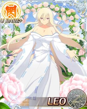 1girl aquarius_(symbol) arch aries_(symbol) armpit_crease bare_shoulders black_thighhighs blonde_hair blue_sky bow breasts brick_road cancer_(symbol) capricorn_(symbol) card_(medium) character_name cleavage clothing_cutout cloud cloudy_sky collar collarbone cosplay day dodecagram english_text flower folded_fan folding_fan gemini_(symbol) grass hair_between_eyes hair_bow hand_fan hip_vent holding holding_fan japanese_clothes kimono large_breasts leaf leo_(senran_kagura) leo_(symbol) libra_(symbol) long_hair long_sleeves looking_at_viewer low_neckline official_alternate_costume official_art outdoors outside_border outstretched_arms pink_flower pink_rose pisces_(symbol) plant purple_eyes revealing_clothes ribbon-trimmed_kimono ribbon_trim rose sagittarius_(symbol) scabbard school_emblem school_uniform scorpio_(symbol) senran_kagura senran_kagura_new_wave senran_kagura_shinovi_versus sheath sheathed sky smile solo spread_arms standing striped_bow sword sword_on_back taurus_(symbol) thighhighs very_long_hair virgo_(symbol) weapon weapon_on_back weapon_strap white_bow white_kimono wide_sleeves yumi_(senran_kagura) yumi_(senran_kagura)_(cosplay) zodiac_wheel