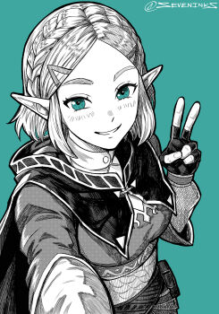 1girl aqua_background aqua_eyes black_cloak braid breasts cloak crown_braid fingerless_gloves gloves hair_ornament hairclip highres hood hood_down hooded_cloak light_blush looking_at_another medium_breasts monochrome nintendo parted_bangs parted_lips pointy_ears princess_zelda selfie seveninks short_hair sidelocks smile solo the_legend_of_zelda the_legend_of_zelda:_breath_of_the_wild twitter_username v