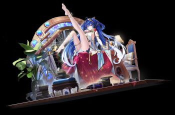 1girl absurdres ahoge armlet bare_shoulders barefoot binoculars black_background blue_eyes blue_hair book bottle breasts chair chinese_commentary cleavage commentary_request cup desk_lamp drinking_glass flower food gold_bra greco-roman_clothes highres holding holding_food iuno_(wuthering_waves) jewelry lamp leaf leg_up leg_wrap long_hair looking_at_viewer mangguo_mixi_mixi medium_breasts multicolored_hair red_flower simple_background sitting smile solo stool table tablecloth thighs twintails two-tone_hair vase very_long_hair white_hair wine_bottle wine_glass wuthering_waves