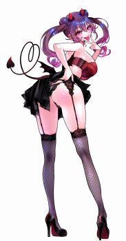 Rule 34 | 1girl, ass, bare arms, bare shoulders, black garter belt, black shoes, black skirt, black wings, breasts, clothes lift, commentary request, demon horns, demon tail, demon wings, double bun, fishnet thighhighs, fishnets, from behind, full body, garter belt, hair bun, heart, heart tail, high heels, highres, horns, kaba yuuji, kakunaru ue wa, large breasts, leaning forward, lifting own clothes, long hair, looking at viewer, looking back, low wings, miyamoto niina, purple hair, red horns, shoes, simple background, skirt, skirt lift, solo, tail, thighhighs, tongue, tongue out, twintails, white background, wings