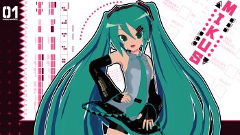 1girl 3d :d abstract_background absurdres animasa_model_(mikumikudance) aqua_eyes aqua_hair aqua_nails aqua_necktie bare_shoulders bike_shorts bike_shorts_under_skirt black_sleeves blush detached_sleeves english_text grey_shirt hair_between_eyes hair_ornament hand_on_own_hip hatsune_miku headphones headset highres kio_(majin_kz) long_hair looking_at_viewer mikumikudance_(medium) necktie open_mouth shirt skirt sleeveless sleeveless_shirt smile solo twintails variant_set very_long_hair vocaloid