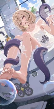 Rule 34 | 1girl, air bubble, barefoot, bath, bathing, bathtub, blonde hair, breasts, bubble, bubble bath, cleavage, cloud, commentary, feet, hand up, highres, indoors, knees up, large breasts, mole, mole under mouth, monster girl, official art, open mouth, presenting foot, short hair, sitting, smile, soap bubbles, solo, teeth, tentacles, upper teeth only, water, wet, window, yidhari murphy, zenless zone zero