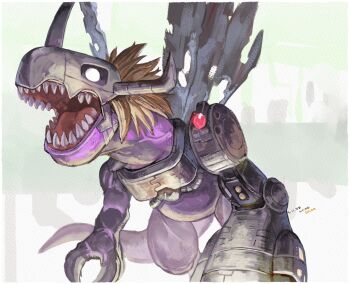 Rule 34 | armor, blank eyes, breastplate, claws, commentary, cyborg, digimon, digimon (creature), dinosaur, english commentary, fake horns, helmet, highres, horned helmet, horns, level-00, mechanical arms, metalgreymon, metalgreymon (virus), muscular, open mouth, orange hair, sharp teeth, short hair, single mechanical arm, solo, tail, teeth, torn wings, veins, veiny neck, wings