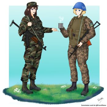 Rule 34 | ak-74, aks-74, assault rifle, blonde hair, blue eyes, blue helmet, bosnia and herzegovina, brown hair, camouflage, commentary, english commentary, gun, helmet, highres, ironsnake, kalashnikov rifle, rifle, soldier, ukraine, united nations, unprofor, weapon, zastava m70