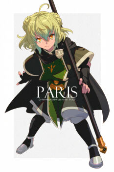 1boy ahoge black_cape black_gloves black_pants boots braid braided_bun cape cosplay double_bun echo_(circa) elbow_gloves fingerless_gloves full_body gloves gradient_hair green_hair green_robe hair_bun hector_(fate) hector_(fate)_(cosplay) looking_at_viewer multicolored_hair pants paris paris_(fate) polearm robe short_hair short_sleeves smile solo spear weapon yellow_eyes
