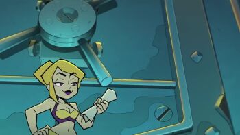 1girl 2026 alternate_costume alternate_form alternate_hairstyle animated ass audible_speech bikini blonde_hair breasts cleavage curvy dated english_audio evil_smile fold_(gameoverse) gameoverse glitch_productions grin hair_bun highleg highleg_bikini indoors laughing looking_at_another miss_information_(gameoverse) multicolored_bikini multiple_views official_alternate_costume official_alternate_hairstyle purple_bikini purple_eyes purple_lips ryona simple_background smile standing swimsuit tagme video wide_hips yellow_bikini