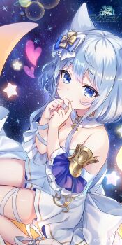 1girl :3 animal_ears armlet blue_eyes breasts cat_ears cat_girl cleavage closed_mouth commentary_request company_name copyright_logo copyright_name crescent_moon detached_sleeves dress gold_armlet grey_hair hair_ribbon heart highres kinkaneko_(ragnador) logo long_sidelocks looking_at_viewer moon official_art ragnador raised_inner_eyebrows ribbon second-party_source short_hair_with_long_locks sidelocks sitting sitting_on_crescent_moon solo space star_(symbol) strapless strapless_dress white_dress