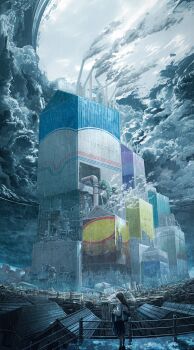 1girl bag black_hair black_pantyhose black_shoes black_skirt building chimney chooco_(chocoshi) collared_shirt commentary_request drink_carton factory foot_out_of_frame from_side handrail highres holding holding_umbrella house industrial_pipe juice_box long_hair long_sleeves medium_skirt original overcast pantyhose pleated_skirt railing rain scenery shirt shoes shoulder_bag skirt sky smoke solo stairs transparent transparent_umbrella umbrella white_shirt wide_shot wing_collar