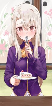 1girl absurdres blonde_hair blush cake commentary_request eating fate/stay_night fate_(series) food highres illyasviel_von_einzbern indoors kaze_22 korean_commentary light_smile long_hair looking_at_viewer pink_eyes sitting solo straight-on strawberry_cake