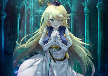 Rule 34 | 1girl, absurdres, aqua eyes, blonde hair, blue hat, commentary request, dress, duel masters, duel masters play's, elbow gloves, elena (duel masters), gloves, hat, highres, long hair, one eye closed, open mouth, own hands clasped, own hands together, praying, solo, stained glass, teeth, upper teeth only, watchimen, white dress, white gloves