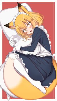 1girl absurdres animal_ears apron black_dress blonde_hair blush border borrowed_character commission dress fox_ears fox_girl fox_tail gloves gosu_mei_(sakifox) highres hugging_object long_sleeves looking_at_viewer maid maid_apron maid_headdress medium_hair nonono_mino open_mouth original outside_border pantyhose pillow pillow_hug red_background simple_background skeb_commission solo tail white_border white_gloves white_pantyhose yellow_eyes