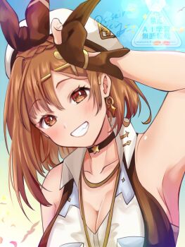 1girl armpits atelier_(series) atelier_ryza atelier_ryza_3 bare_shoulders breasts brown_eyes brown_hair cleavage earrings hat jewelry large_breasts parted_lips reisalin_stout smile snowstar solo three-finger_salute white_hat