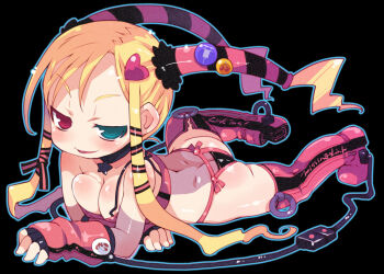 1girl ass ass_cutout badge bikini bikini_bottom_only blonde_hair blush body_blush boots breasts butt_crack button_badge cable cherry choker cleavage clothing_cutout dimples_of_venus female_focus fingerless_gloves food fruit gloves hair_ornament hair_ribbon heart heterochromia large_breasts long_hair lying naughty_face on_stomach original petite pink_boots plug ribbon see-through_clothes simple_background solo star_(symbol) swimsuit syringe thigh_boots thighhighs twintails wire zankuro